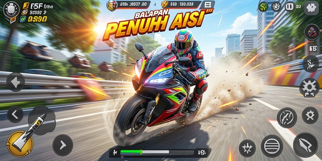 Tangkap momen seru gameplay balapan motor dalam 555F.