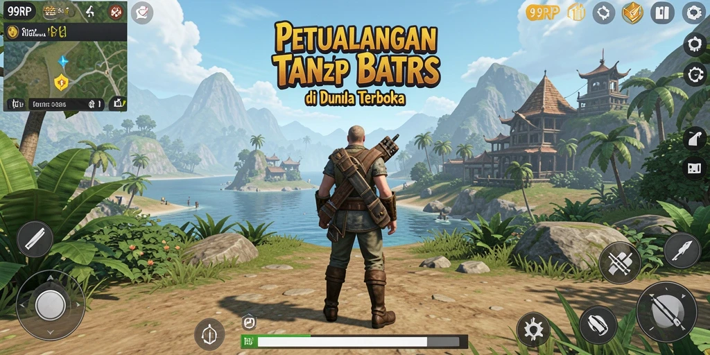 Screenshot gameplay menunjukkan karakter menjelajahi dunia terbuka yang luas.