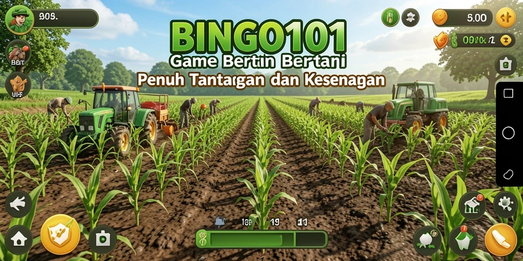 Screenshot BINGO101 menampilkan gameplay bertani yang seru dan berwarna.