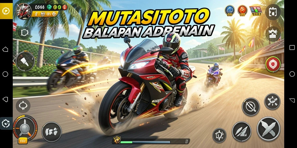 Screenshot utama MUTASITOTO menampilkan aksi balap motor yang mendebarkan.
