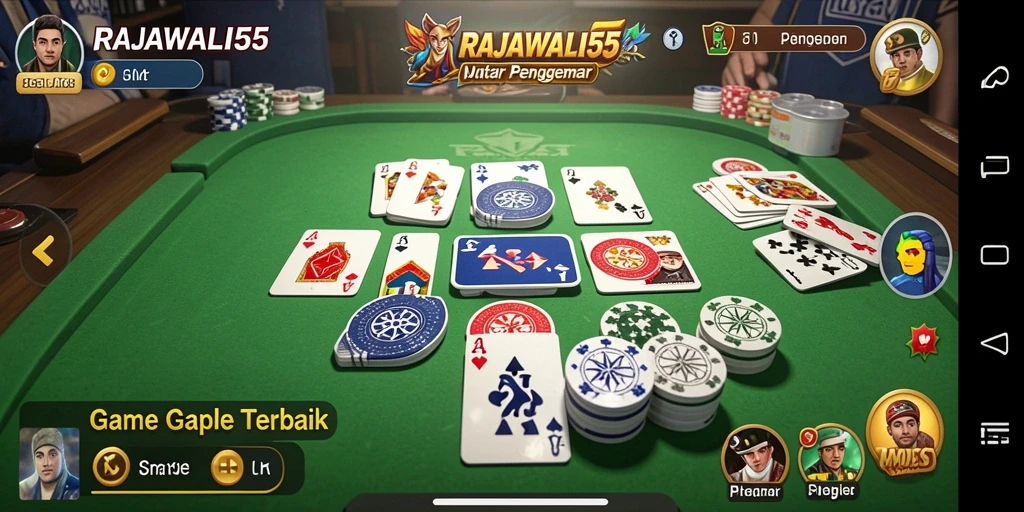 Screenshot utama gameplay RAJAWALI55 menampilkan suasana bermain Gaple yang seru.