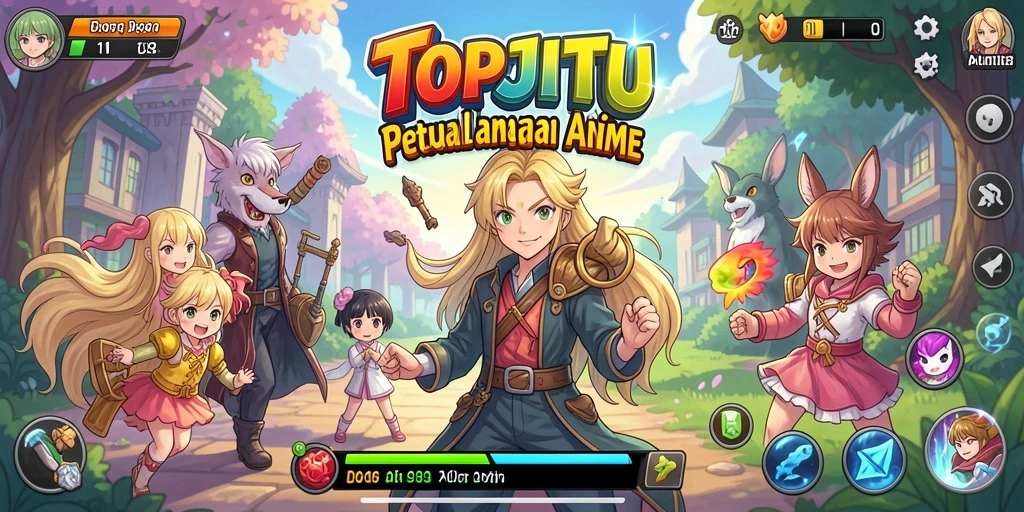 Screenshot utama TOPJITU yang menampilkan aksi seru karakter anime.